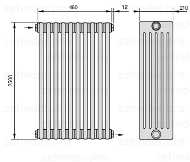 Схема (чертеж) Радиатор Zehnder Charleston 6250/10 №1670 Белый глянцевый RAL 9016